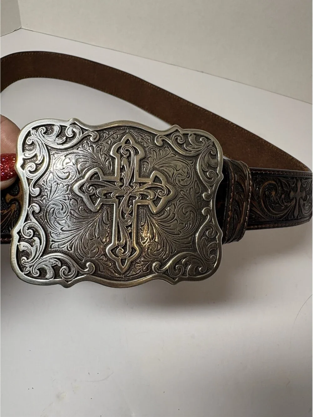 Nocona Women's Leather Belt Size XL Brown Tooled Floral And Cross Western